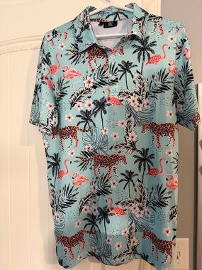 Men's Tropical Flamingo Polo Shirt - Aqua